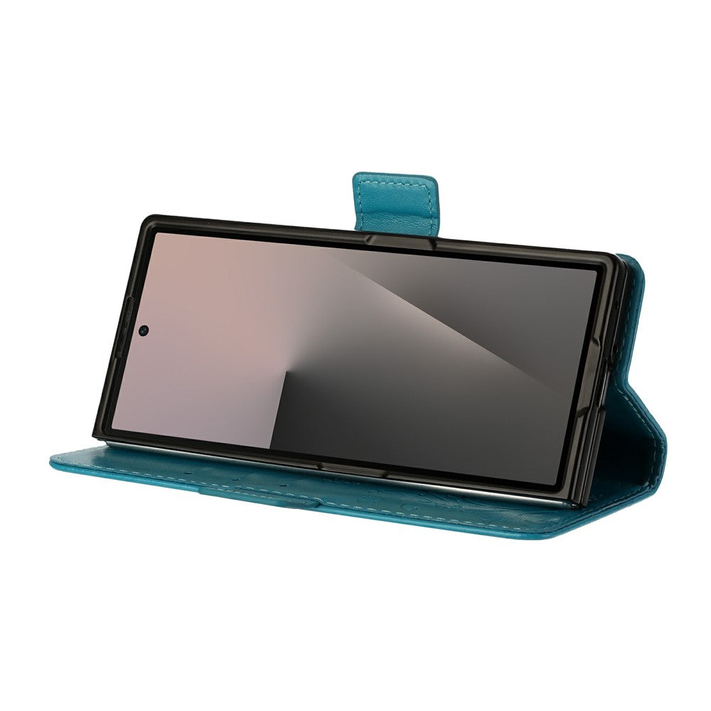 For Samsung Galaxy Z Fold7 5G Leather Wallet Case Butterfly Flower Imprint Phone Cover with Strap - Blue