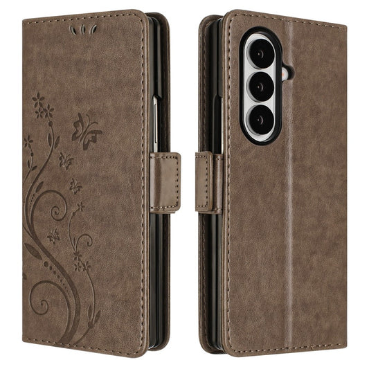 For Samsung Galaxy Z Fold7 5G Leather Wallet Case Butterfly Flower Imprint Phone Cover with Strap - Grey