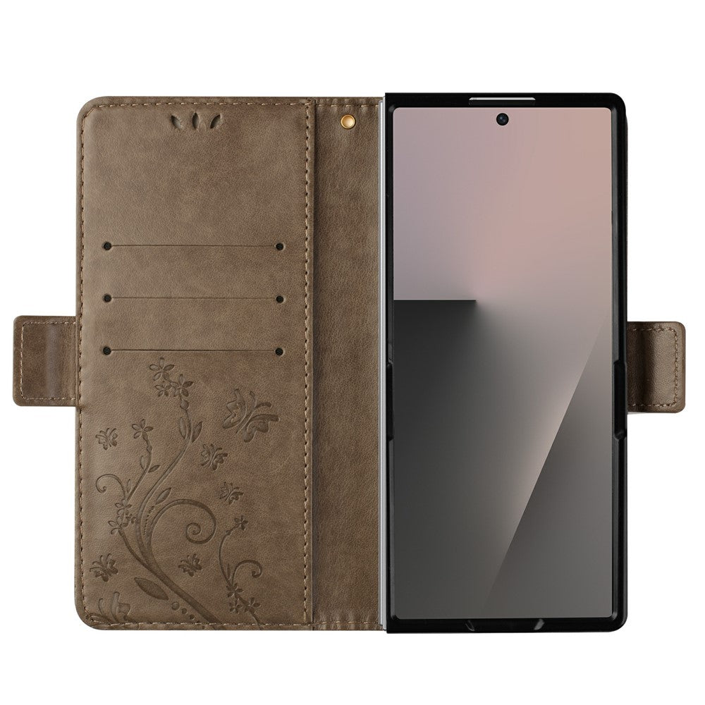 For Samsung Galaxy Z Fold7 5G Leather Wallet Case Butterfly Flower Imprint Phone Cover with Strap - Grey