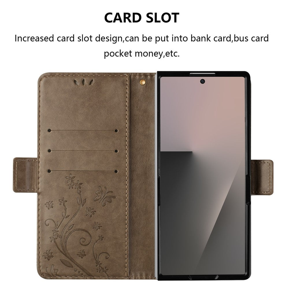 For Samsung Galaxy Z Fold7 5G Leather Wallet Case Butterfly Flower Imprint Phone Cover with Strap - Grey