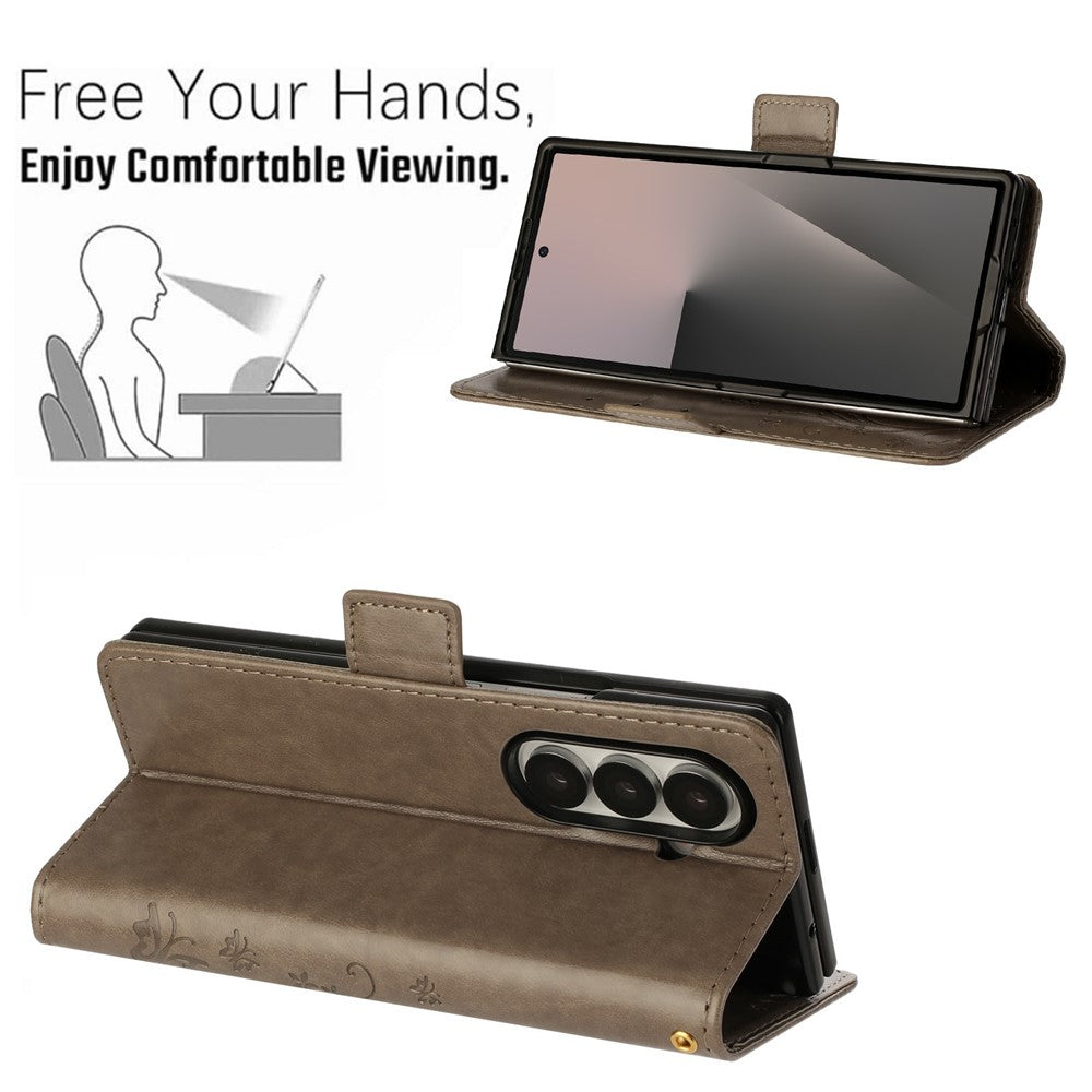 For Samsung Galaxy Z Fold7 5G Leather Wallet Case Butterfly Flower Imprint Phone Cover with Strap - Grey