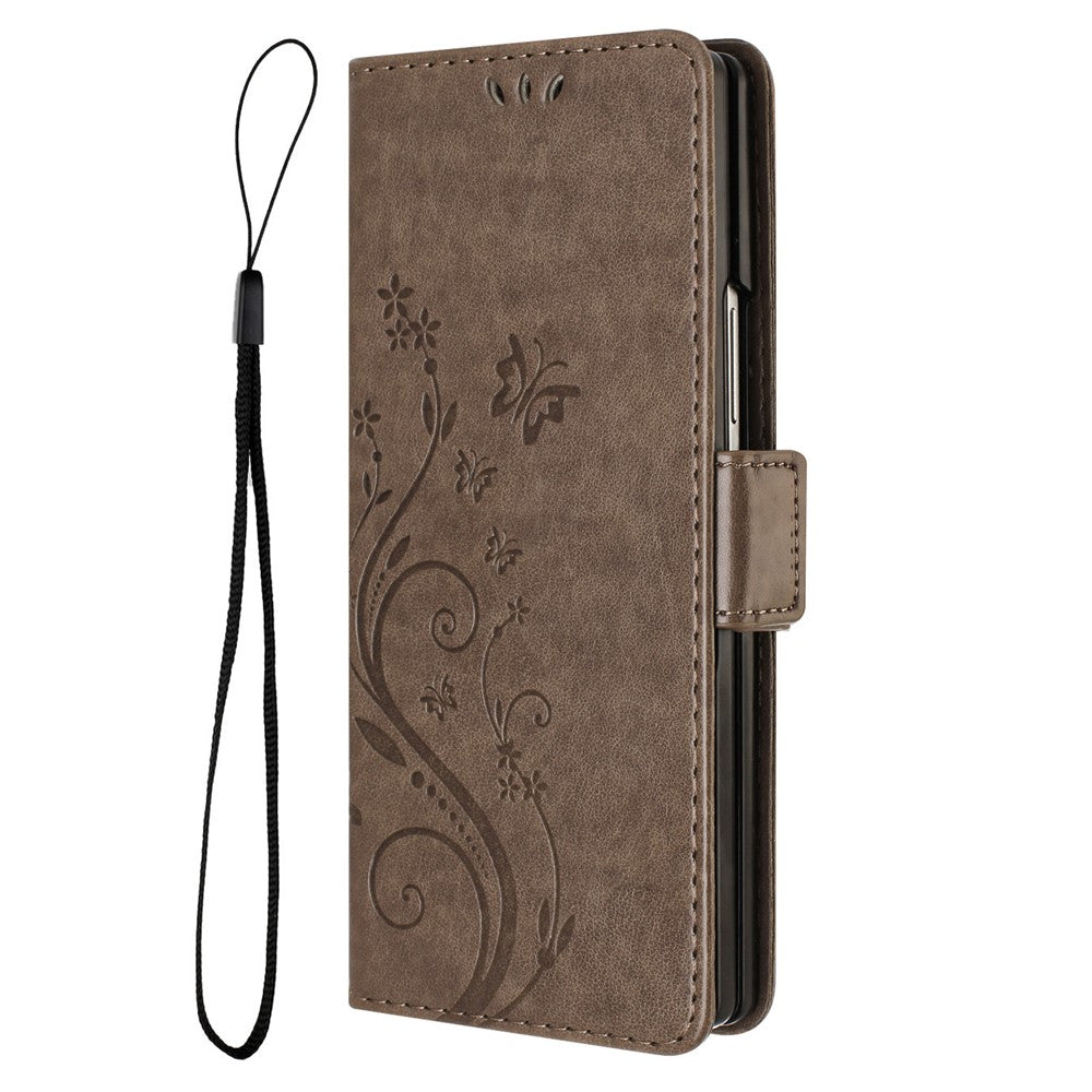 For Samsung Galaxy Z Fold7 5G Leather Wallet Case Butterfly Flower Imprint Phone Cover with Strap - Grey