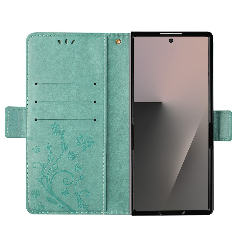For Samsung Galaxy Z Fold7 5G Leather Wallet Case Butterfly Flower Imprint Phone Cover with Strap - Baby Blue