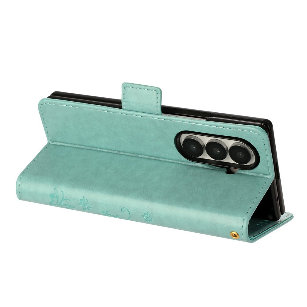 For Samsung Galaxy Z Fold7 5G Leather Wallet Case Butterfly Flower Imprint Phone Cover with Strap - Baby Blue