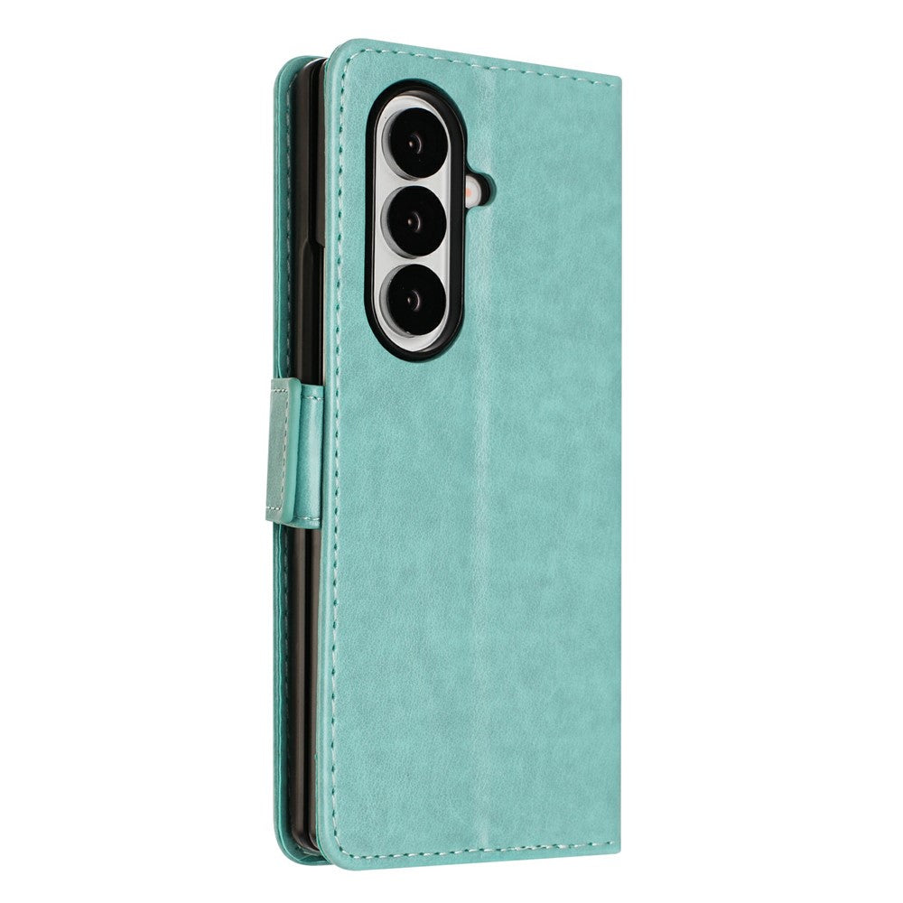For Samsung Galaxy Z Fold7 5G Leather Wallet Case Butterfly Flower Imprint Phone Cover with Strap - Baby Blue