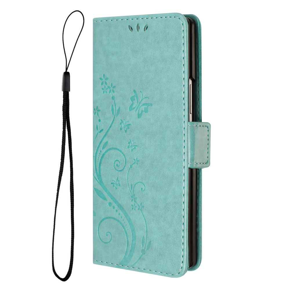 For Samsung Galaxy Z Fold7 5G Leather Wallet Case Butterfly Flower Imprint Phone Cover with Strap - Baby Blue