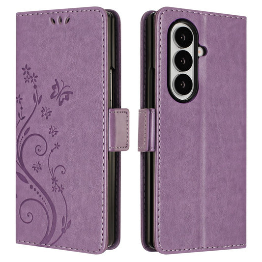 For Samsung Galaxy Z Fold7 5G Leather Wallet Case Butterfly Flower Imprint Phone Cover with Strap - Light Purple