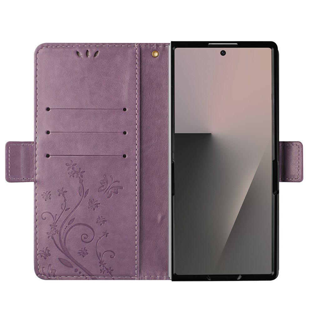 For Samsung Galaxy Z Fold7 5G Leather Wallet Case Butterfly Flower Imprint Phone Cover with Strap - Light Purple