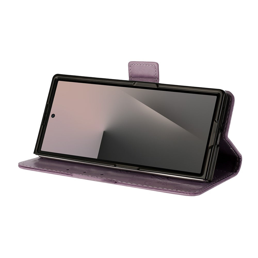 For Samsung Galaxy Z Fold7 5G Leather Wallet Case Butterfly Flower Imprint Phone Cover with Strap - Light Purple