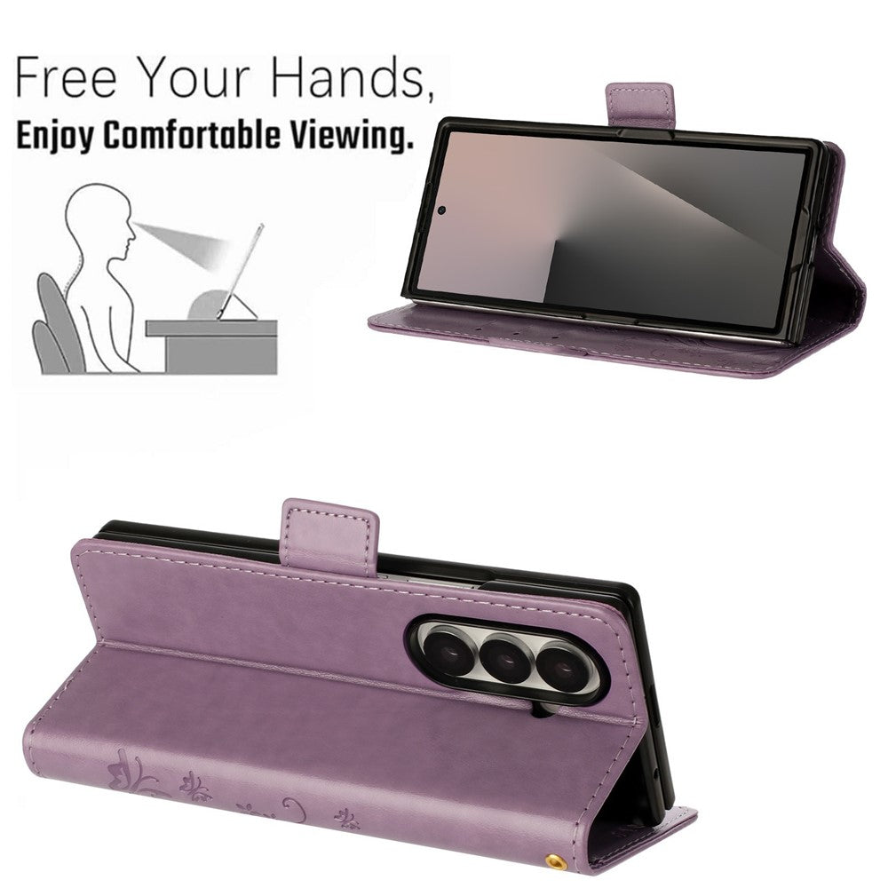 For Samsung Galaxy Z Fold7 5G Leather Wallet Case Butterfly Flower Imprint Phone Cover with Strap - Light Purple
