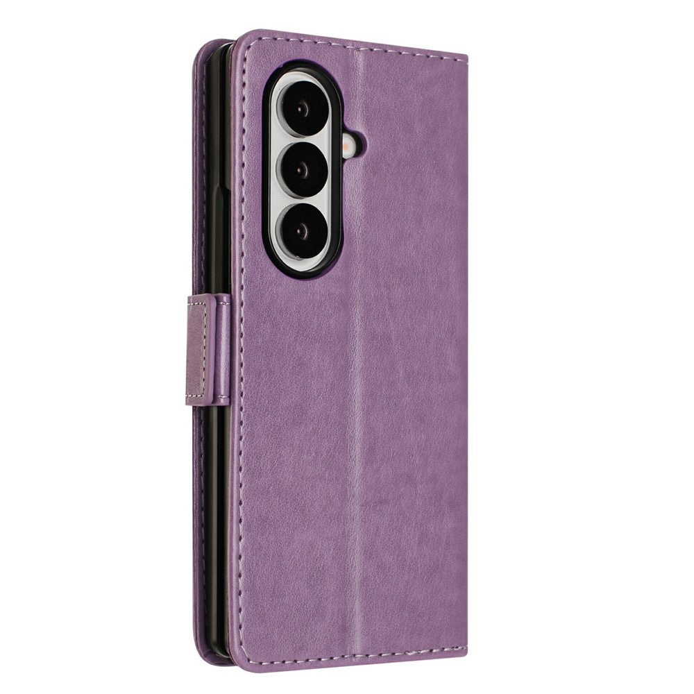 For Samsung Galaxy Z Fold7 5G Leather Wallet Case Butterfly Flower Imprint Phone Cover with Strap - Light Purple