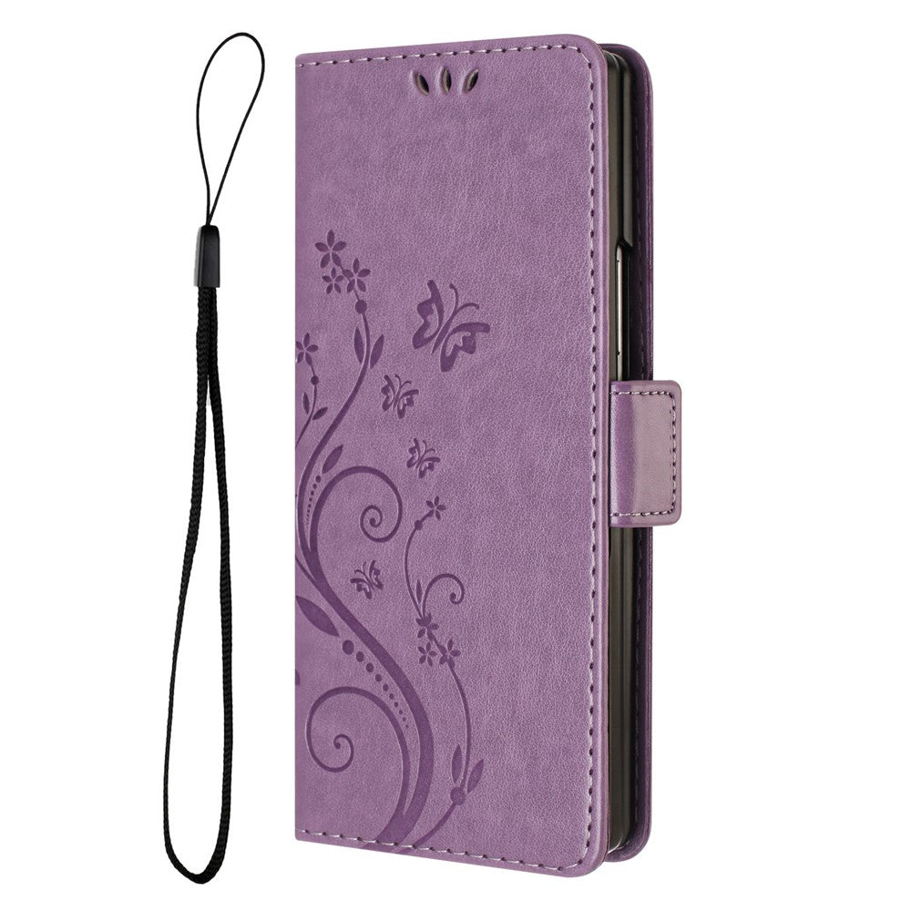 For Samsung Galaxy Z Fold7 5G Leather Wallet Case Butterfly Flower Imprint Phone Cover with Strap - Light Purple