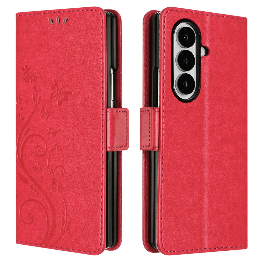 For Samsung Galaxy Z Fold7 5G Leather Wallet Case Butterfly Flower Imprint Phone Cover with Strap - Red