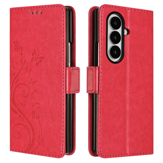 For Samsung Galaxy Z Fold7 5G Leather Wallet Case Butterfly Flower Imprint Phone Cover with Strap - Red