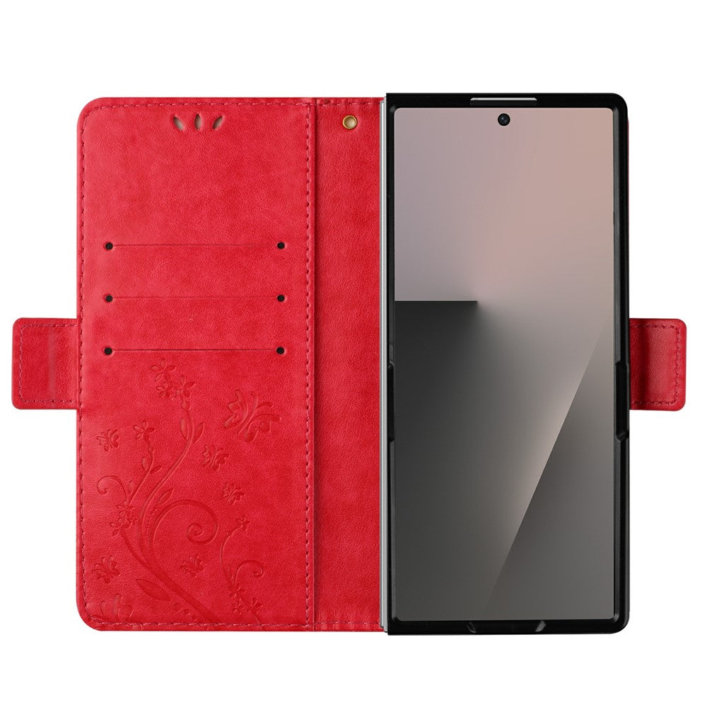 For Samsung Galaxy Z Fold7 5G Leather Wallet Case Butterfly Flower Imprint Phone Cover with Strap - Red