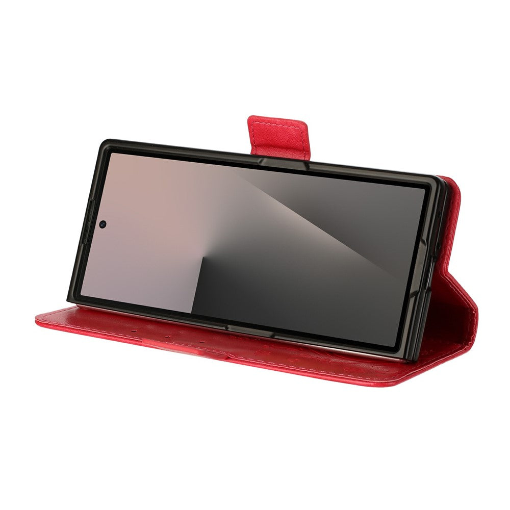 For Samsung Galaxy Z Fold7 5G Leather Wallet Case Butterfly Flower Imprint Phone Cover with Strap - Red
