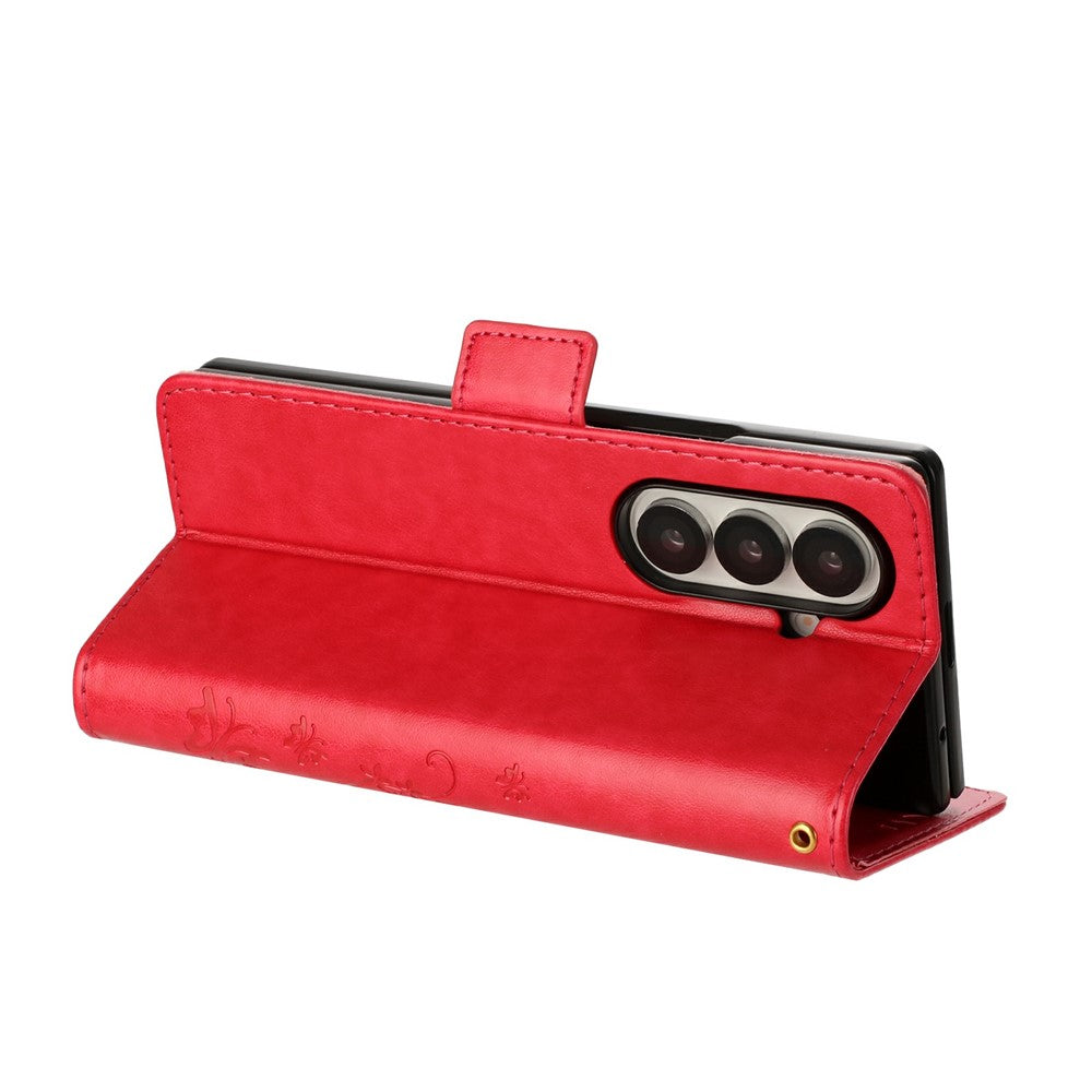 For Samsung Galaxy Z Fold7 5G Leather Wallet Case Butterfly Flower Imprint Phone Cover with Strap - Red