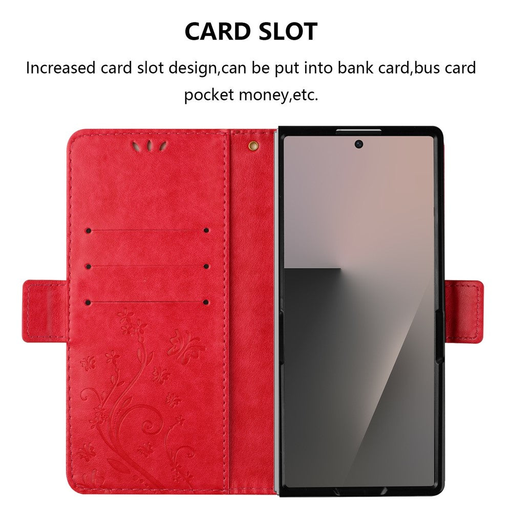 For Samsung Galaxy Z Fold7 5G Leather Wallet Case Butterfly Flower Imprint Phone Cover with Strap - Red