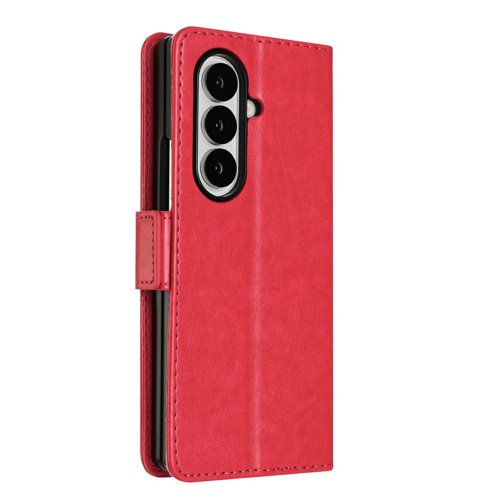 For Samsung Galaxy Z Fold7 5G Leather Wallet Case Butterfly Flower Imprint Phone Cover with Strap - Red