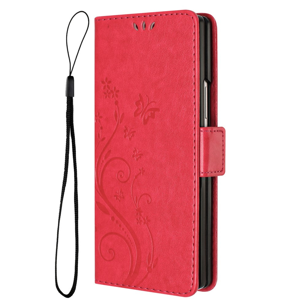 For Samsung Galaxy Z Fold7 5G Leather Wallet Case Butterfly Flower Imprint Phone Cover with Strap - Red