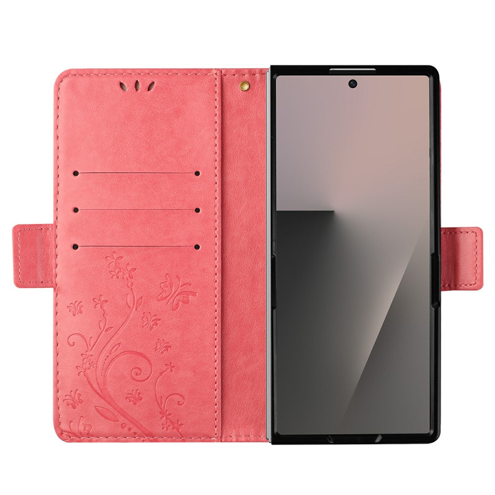 For Samsung Galaxy Z Fold7 5G Leather Wallet Case Butterfly Flower Imprint Phone Cover with Strap - Pink