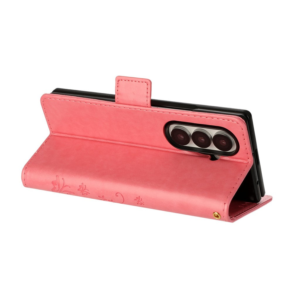 For Samsung Galaxy Z Fold7 5G Leather Wallet Case Butterfly Flower Imprint Phone Cover with Strap - Pink