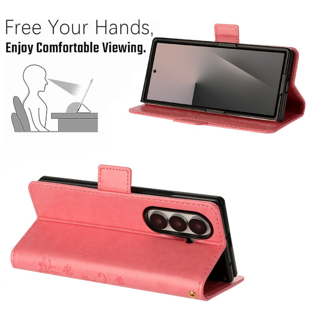 For Samsung Galaxy Z Fold7 5G Leather Wallet Case Butterfly Flower Imprint Phone Cover with Strap - Pink