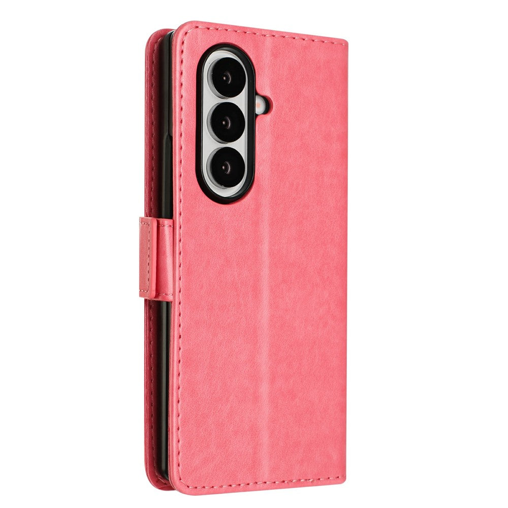 For Samsung Galaxy Z Fold7 5G Leather Wallet Case Butterfly Flower Imprint Phone Cover with Strap - Pink