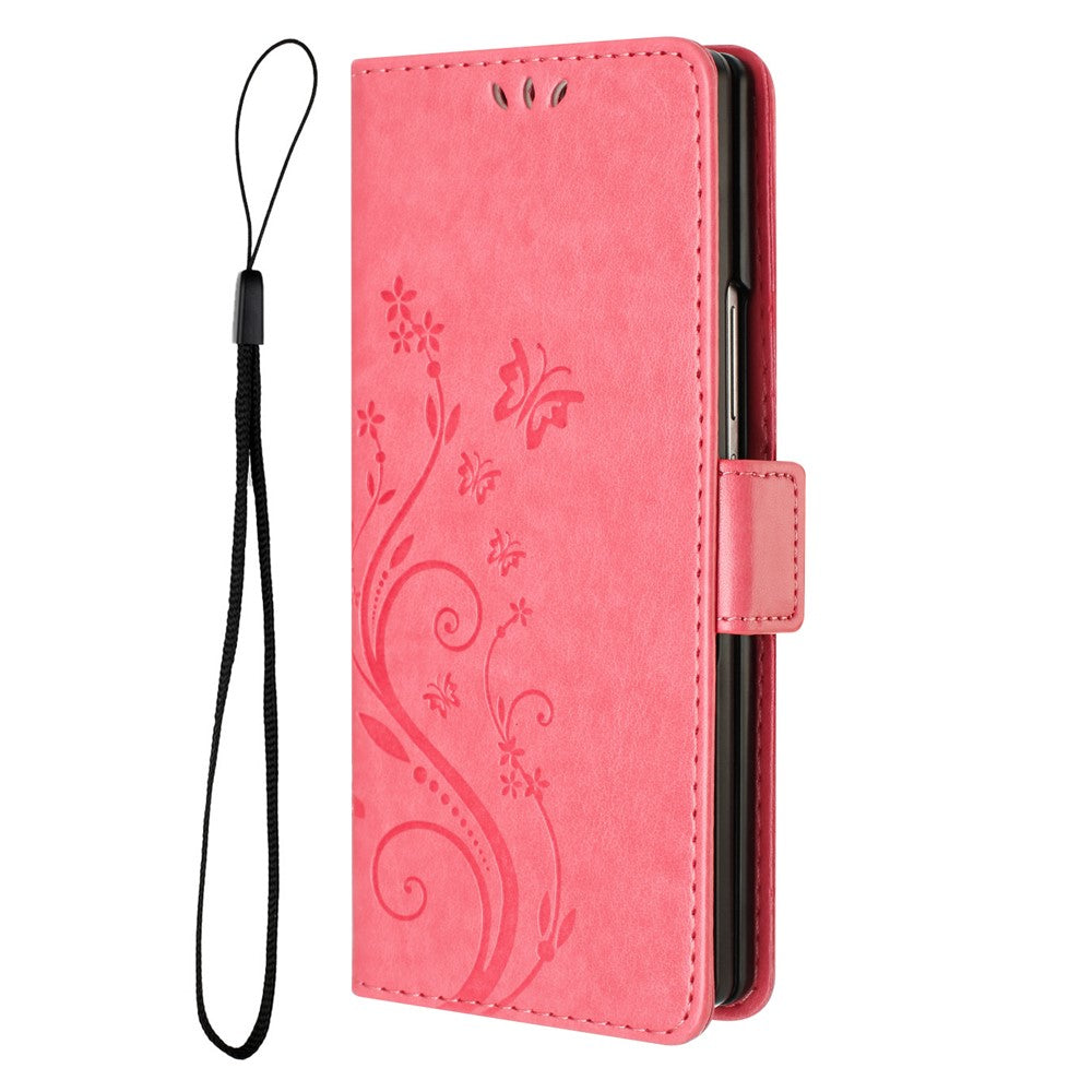 For Samsung Galaxy Z Fold7 5G Leather Wallet Case Butterfly Flower Imprint Phone Cover with Strap - Pink