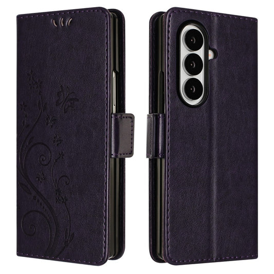 For Samsung Galaxy Z Fold7 5G Leather Wallet Case Butterfly Flower Imprint Phone Cover with Strap - Dark Purple
