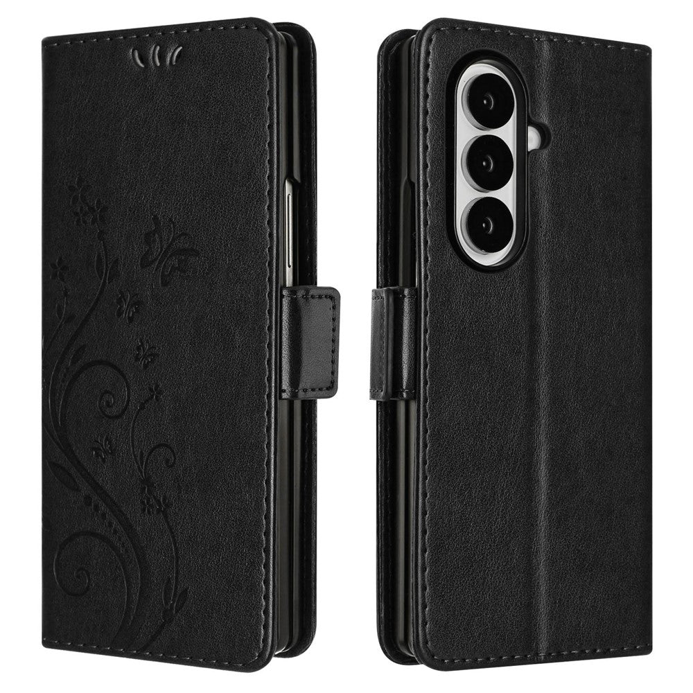 For Samsung Galaxy Z Fold7 5G Leather Wallet Case Butterfly Flower Imprint Phone Cover with Strap - Black