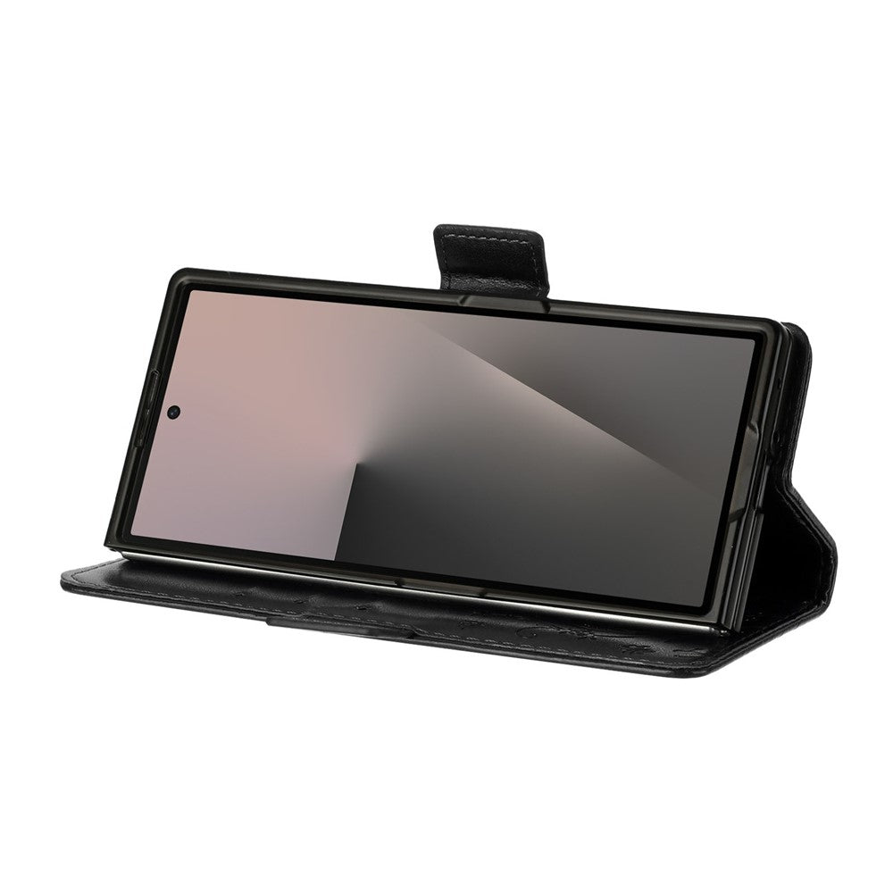 For Samsung Galaxy Z Fold7 5G Leather Wallet Case Butterfly Flower Imprint Phone Cover with Strap - Black