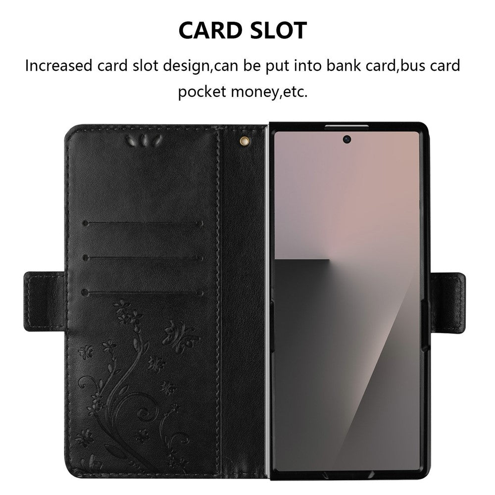 For Samsung Galaxy Z Fold7 5G Leather Wallet Case Butterfly Flower Imprint Phone Cover with Strap - Black