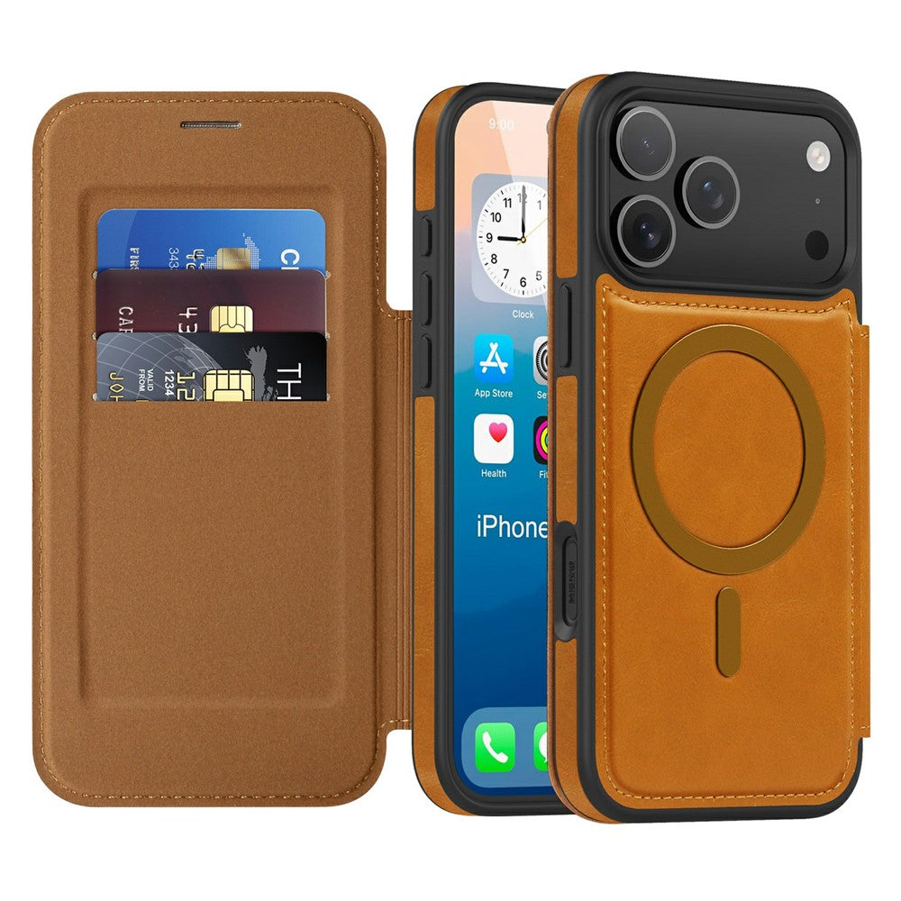 For iPhone 17 Pro Max Case Compatible with MagSafe RFID Blocking Card Holder Leather Phone Cover - Brown