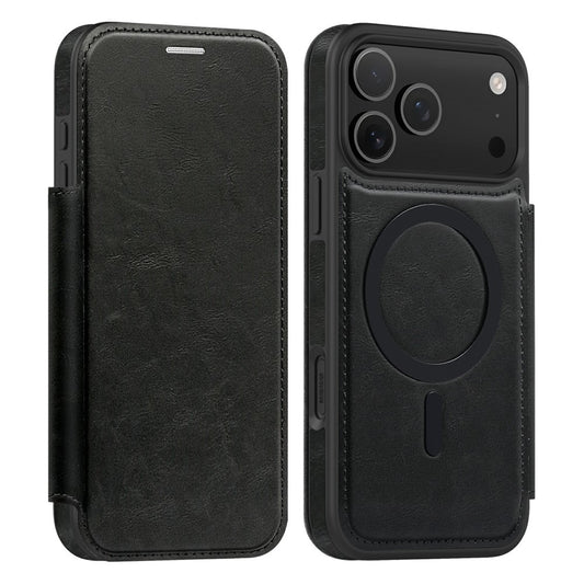 For iPhone 17 Pro Max Case Compatible with MagSafe RFID Blocking Card Holder Leather Phone Cover - Black
