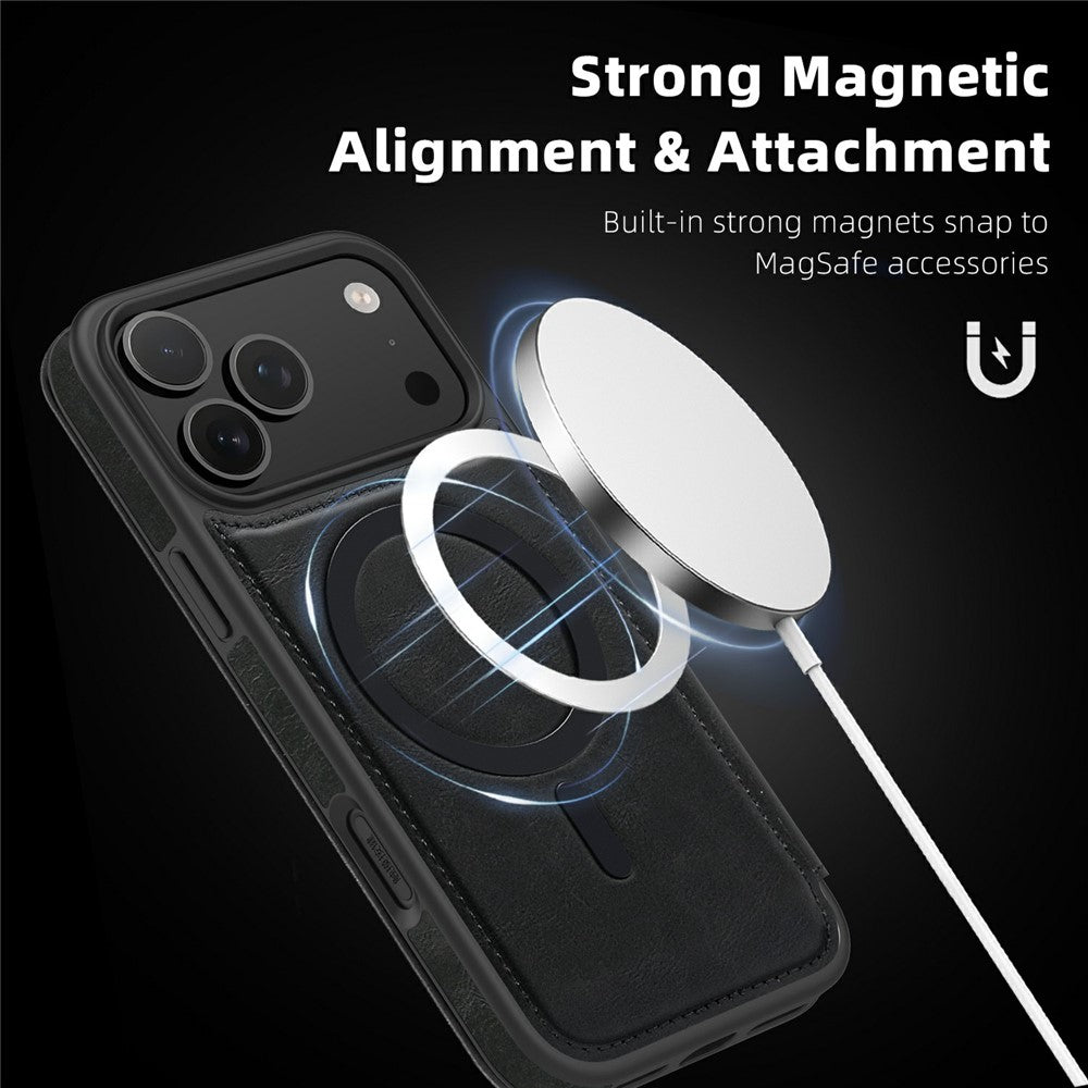 For iPhone 17 Pro Max Case Compatible with MagSafe RFID Blocking Card Holder Leather Phone Cover - Black