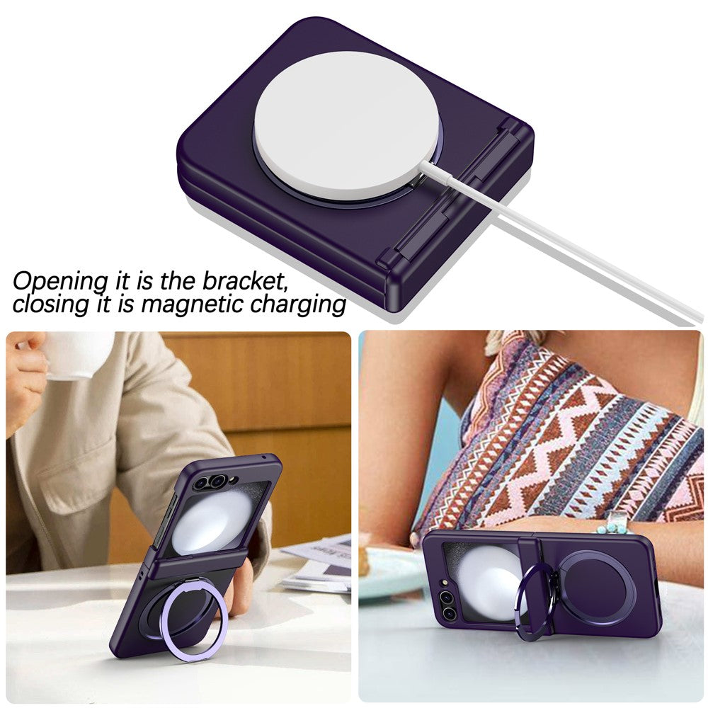 For Samsung Galaxy Z Flip7 5G Case with Magnetic Kickstand Spring Hinge PC Folding Phone Cover - Dark Purple