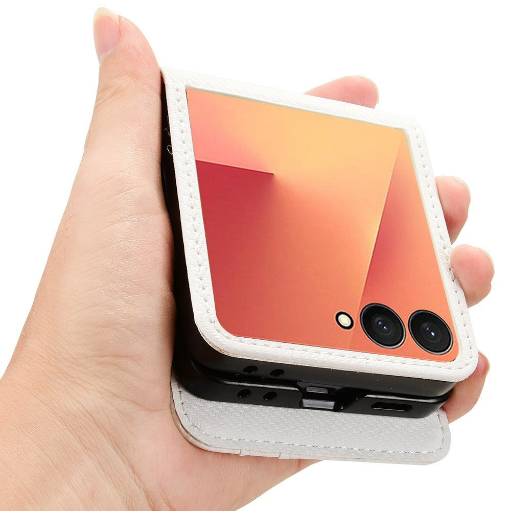 For Samsung Galaxy Z Flip7 5G Case PU Leather + PC Card Holder Mobile Phone Cover - White