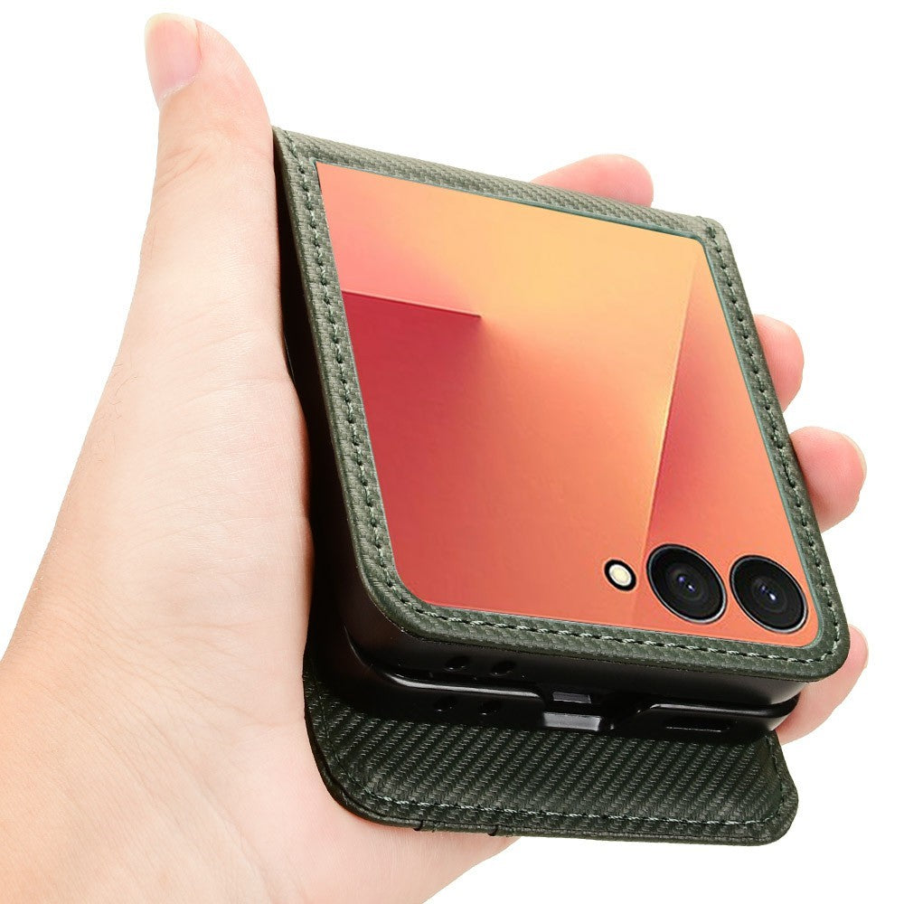 For Samsung Galaxy Z Flip7 5G Case PU Leather + PC Card Holder Mobile Phone Cover - Green