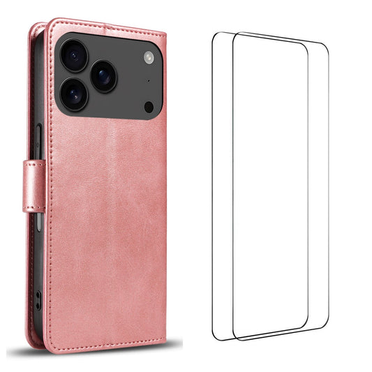 For iPhone 17 Pro Max Case with 2Pcs Tempered Glass WANLONFENG WN Series Calf Texture Leather Phone Cover Big Cutouts - Pink