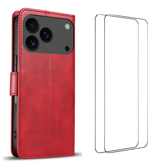 For iPhone 17 Pro Max Case with 2Pcs Tempered Glass WANLONFENG WN Series Calf Texture Leather Phone Cover Big Cutouts - Red