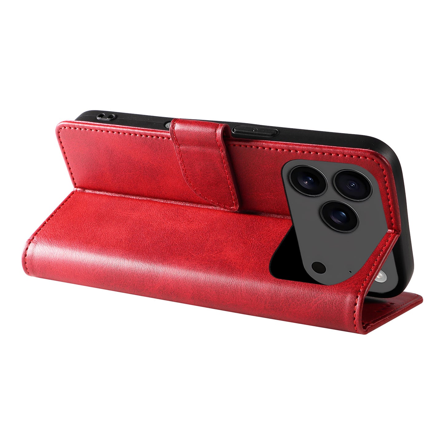 For iPhone 17 Pro Max Case with 2Pcs Tempered Glass WANLONFENG WN Series Calf Texture Leather Phone Cover Big Cutouts - Red