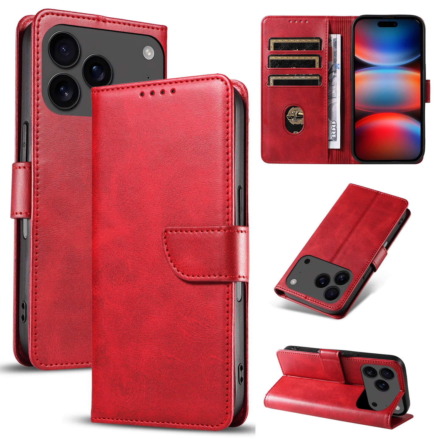 For iPhone 17 Pro Max Case with 2Pcs Tempered Glass WANLONFENG WN Series Calf Texture Leather Phone Cover Big Cutouts - Red