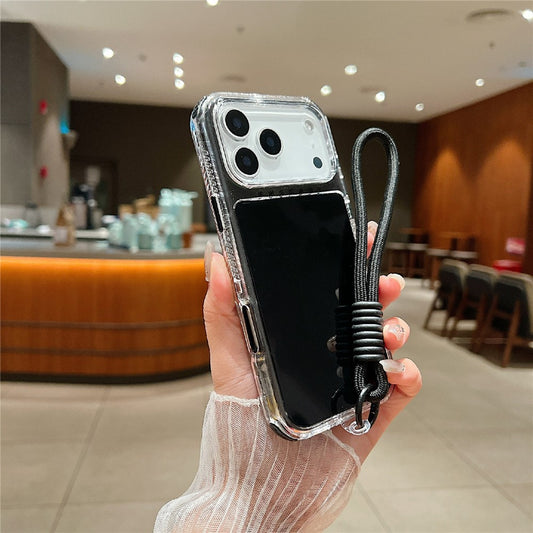 For iPhone 17 Pro Max Case 3 in 1 Drop-Proof PC + TPU Phone Back Cover with Wrist Strap - Black