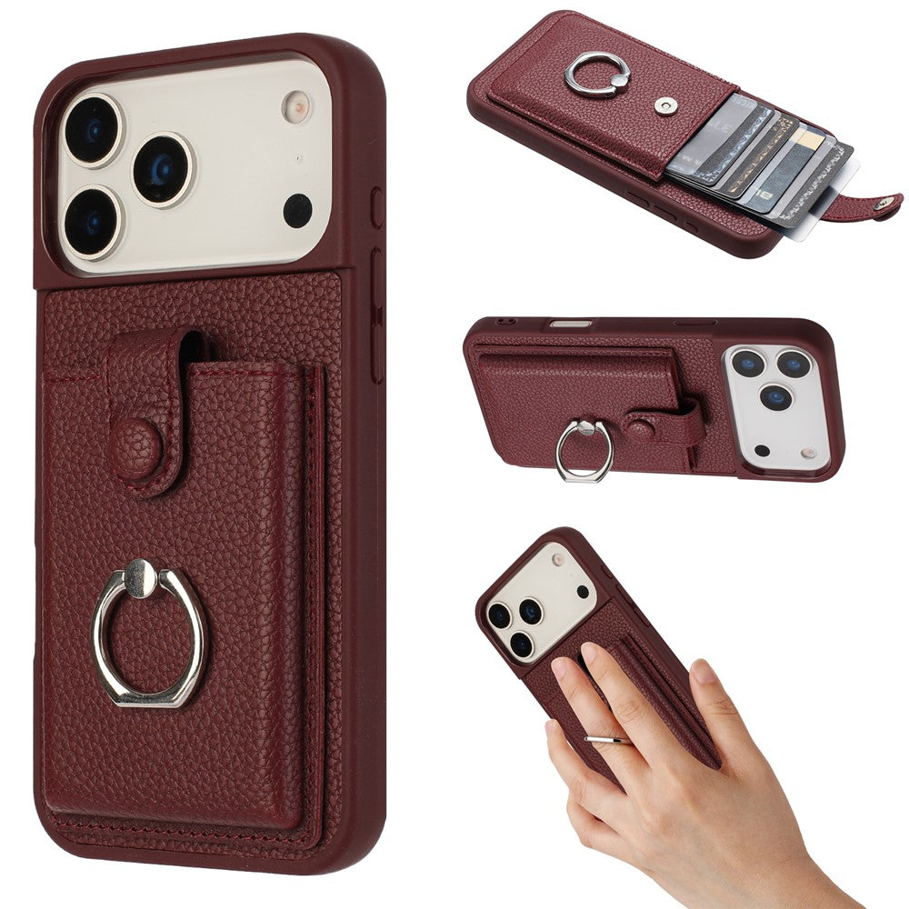 For iPhone 17 Pro Max Case with Ring Kickstand Drawing Type Card Slots Leather Back Cover - Wine Red