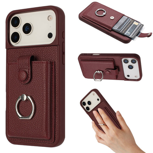For iPhone 17 Pro Max Case with Ring Kickstand Drawing Type Card Slots Leather Back Cover - Wine Red