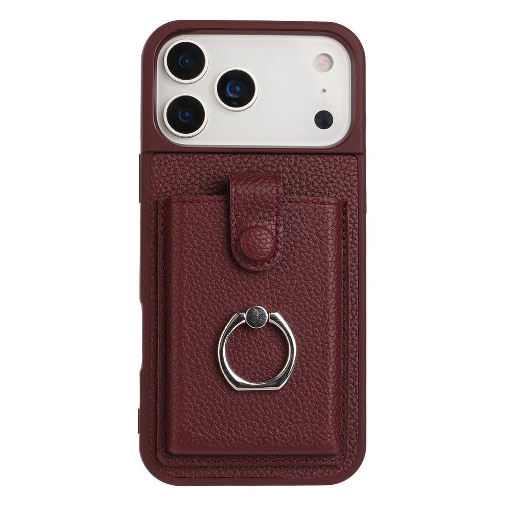 For iPhone 17 Pro Max Case with Ring Kickstand Drawing Type Card Slots Leather Back Cover - Wine Red