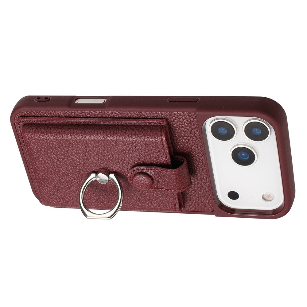 For iPhone 17 Pro Max Case with Ring Kickstand Drawing Type Card Slots Leather Back Cover - Wine Red