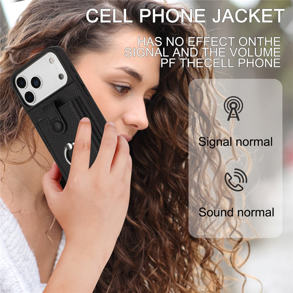 For iPhone 17 Pro Max Case with Ring Kickstand Drawing Type Card Slots Leather Back Cover - Brown