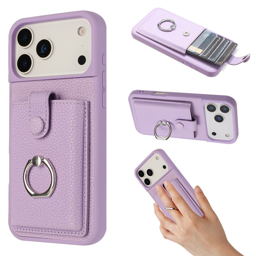 For iPhone 17 Pro Max Case with Ring Kickstand Drawing Type Card Slots Leather Back Cover - Purple